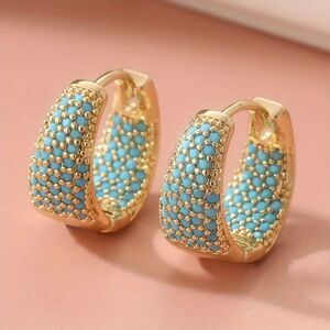 "Celeste" Huggie Hoop Earrings – Turquoise-Tone Blue Sparkle Gemstone Design
